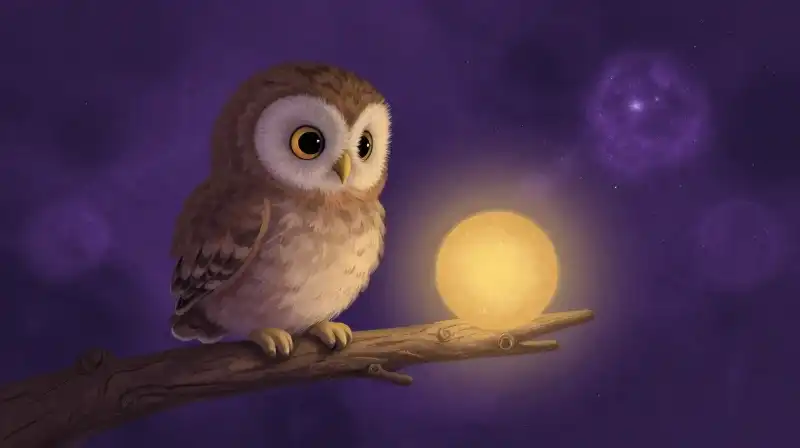 Tiny owl in a purple dreamy setting illustrating a short story