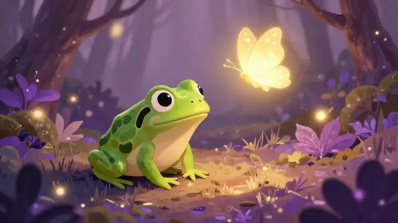 Whimsical purple frog and butterfly in an enchanted bedtime story