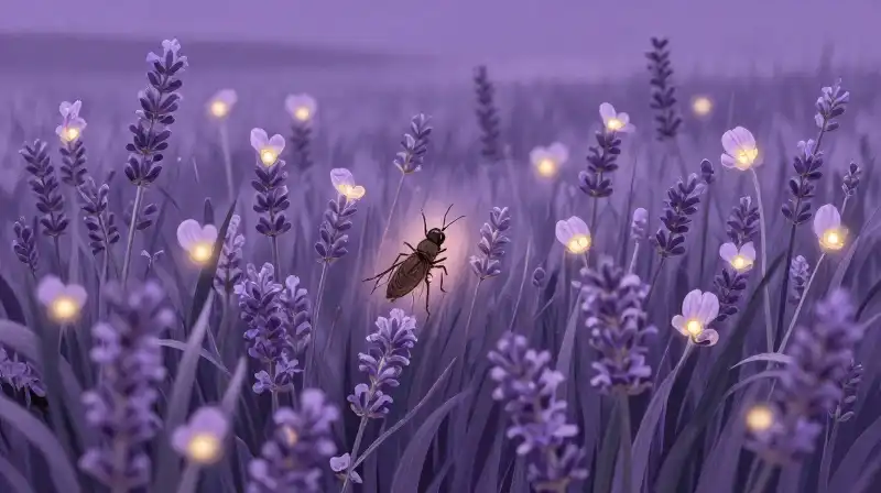 Whimsical lavender meadow with glowing petals and rhythmic nature elements