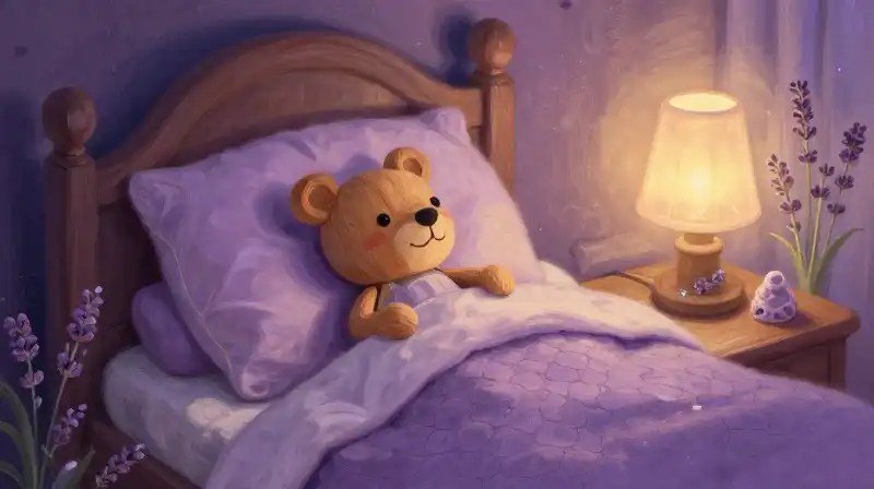Pinocchio at bedtime, surrounded by magical purple light