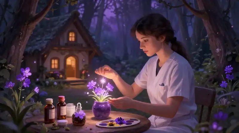 Girl using knowledge of plants for healing remedies in a whimsical purple forest