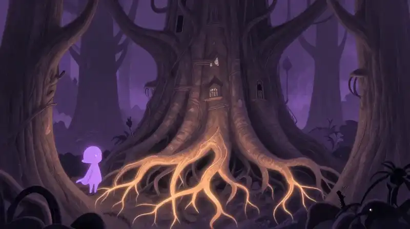 Tiny determined spirit facing complex shadowed system