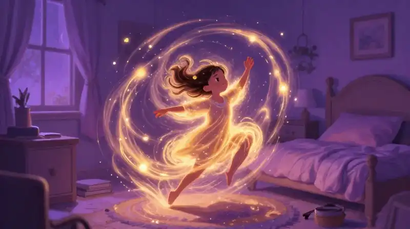 Whimsical purple bedtime scene with energetic flying spirit
