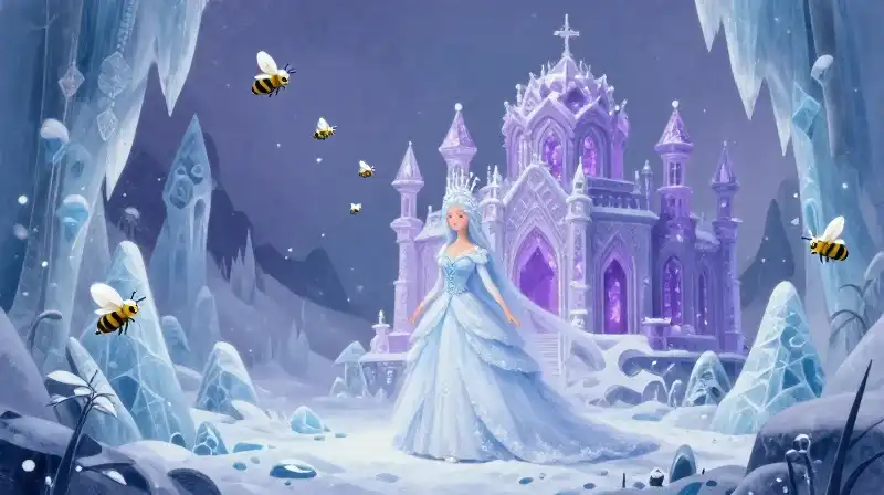 Queen rules crystallized snowy land with fluttering bees