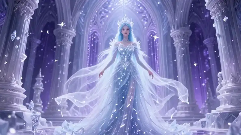 Snow Queen transformation in magical purple and gold storybook art