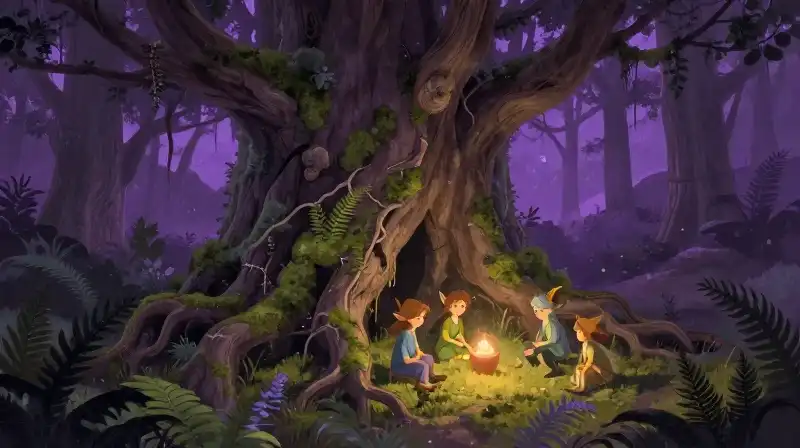 Tiny fae resting in an enchanted forest root system