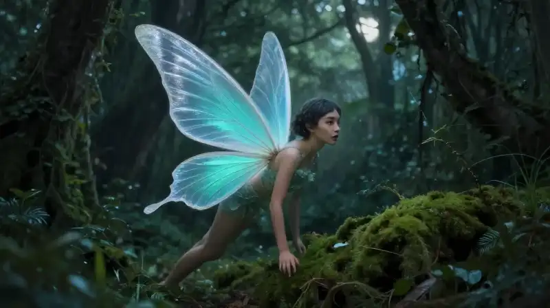 Whimsical fairy with amethyst and green colors in a magical forest setting