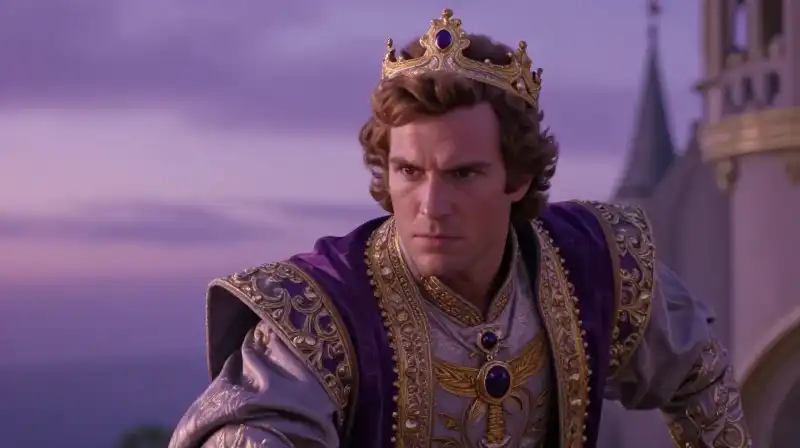 Determined prince in purple twilight forest, classic fairy tale nobility