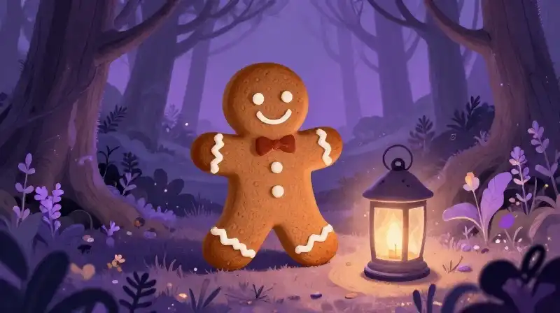 Whimsical gingerbread man in a magical purple bedtime forest