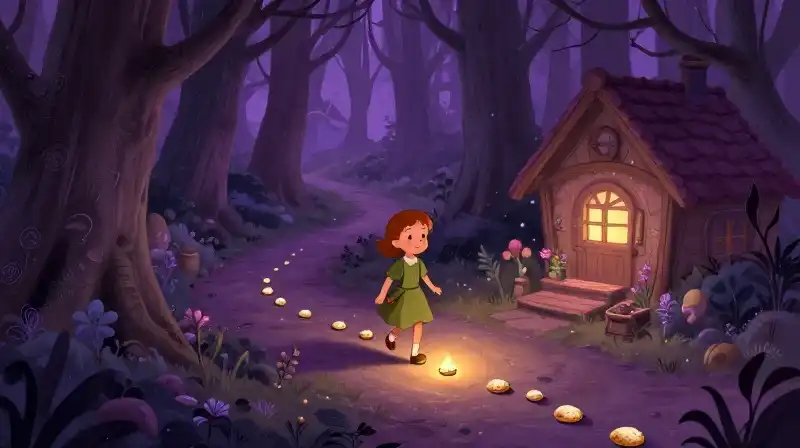 Siblings walk a path of pebbles and crumbs in a whimsical forest