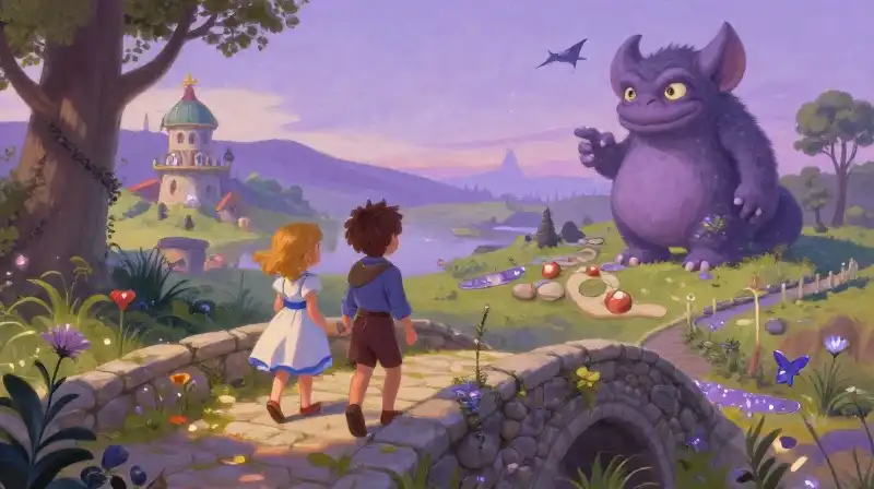 Hansel and Gretel journey through a vibrant magical fairytale land