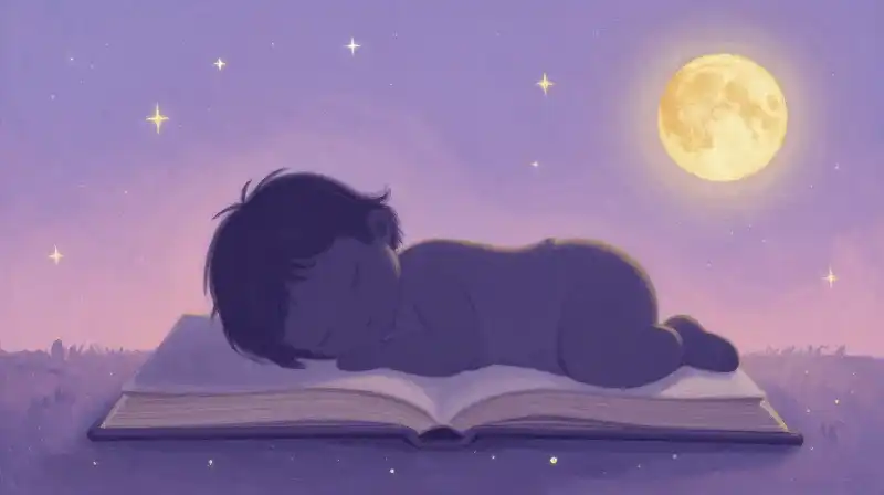 Peaceful childrens bedtime story illustration in soft lavender tones