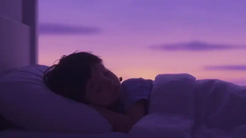 Calming bedtime illustration in soft purples and gold