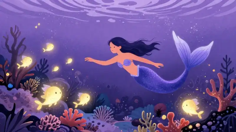 Friendly mermaid guiding sea creatures through magical purple currents