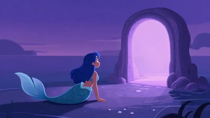 Mermaid seeks humanity through magical gateway, storybook art