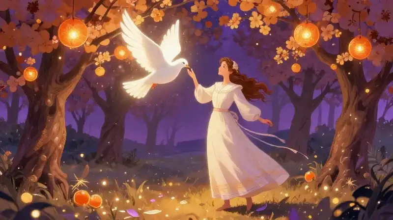 Maiden transforms into a dove within glowing magical oranges