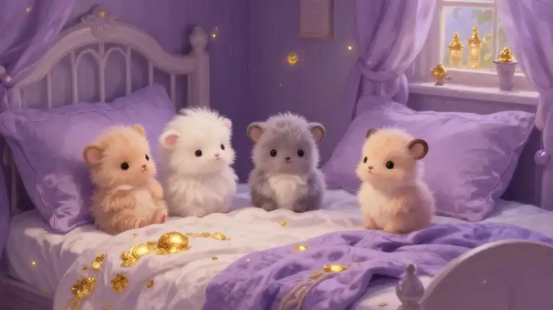 Small baby animals nestled in a cozy purple storybook room