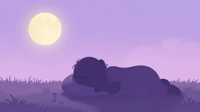 Child silhouette sleeping in a dreamy purple storybook scene