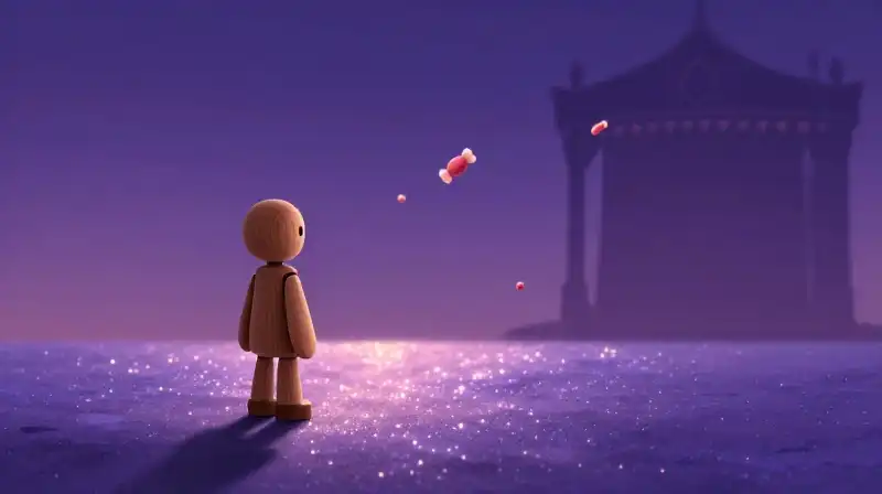 Wooden puppet choosing caution over temptation under a whimsical purple sky