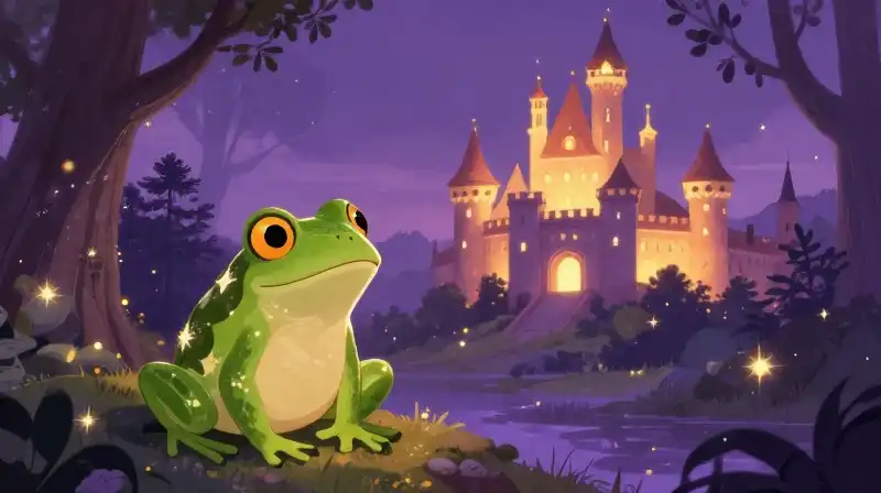 Friendly frog princess at a glowing purple castle during magical twilight
