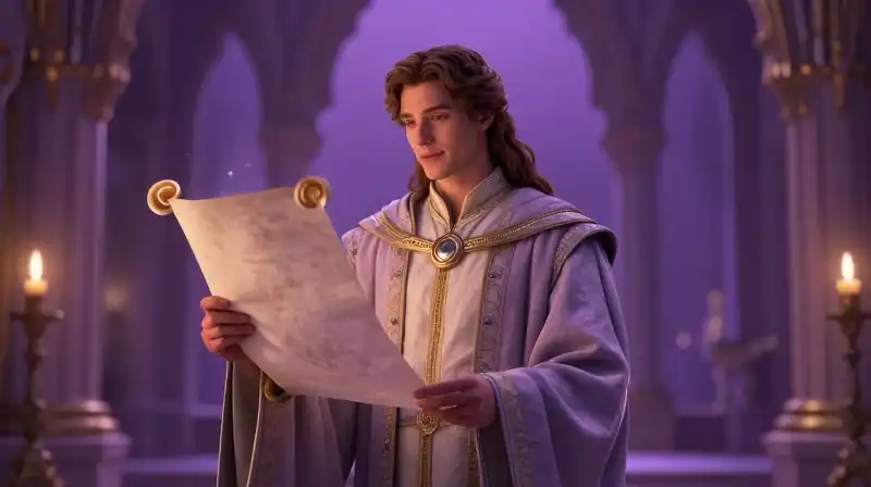 Prince Phillips emotional realization, magical purple storybook illustration