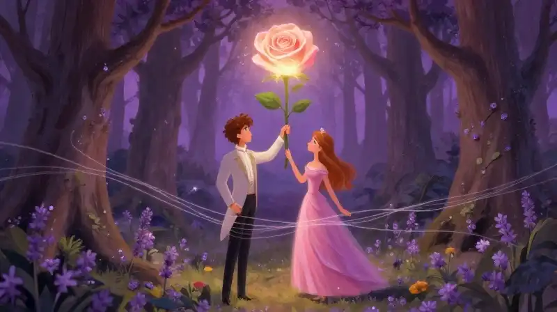 Prince Phillip and Aurora standing under a magical blooming rose