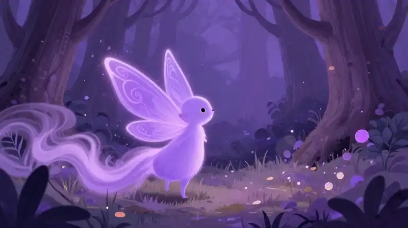A whimsical purple scene showing a calming transition in a fairy tale