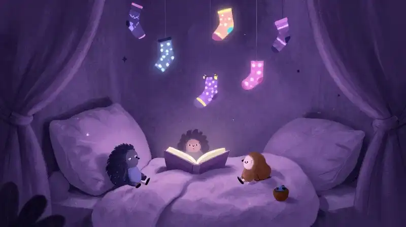 Whimsical bedtime scene with creatures and colorful socks
