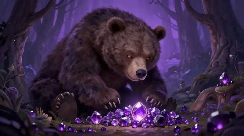 Dwarf and bear confrontation with magical purple treasure