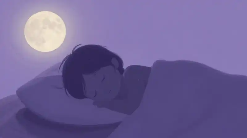 Cozy purple bedtime scene with a sleeping child and glowing stars