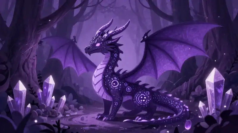 Whimsical fantasy dragon in a magical purple storybook setting