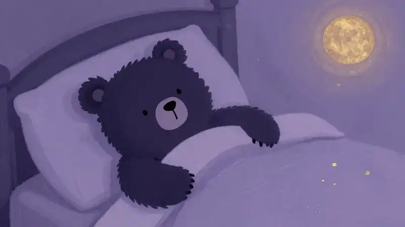 Gentle purple bedtime story illustration of a cozy bear