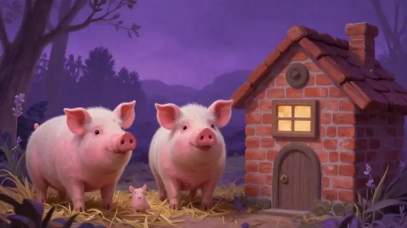 Three little pigs choosing housing materials in magical purple light