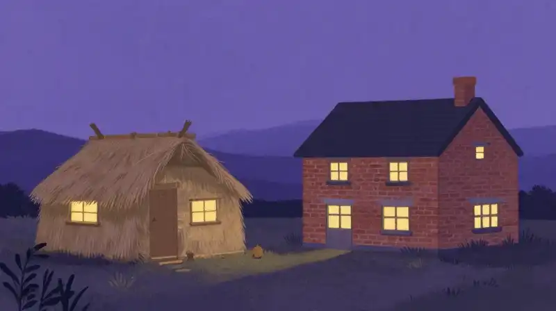Two contrasting fairy tale houses symbolic of diligence and safety