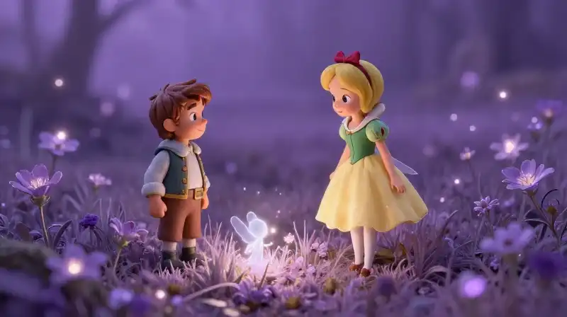 Tiny fairytale characters in a glowing magical purple meadow