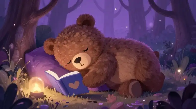 Sleepy bear in a magical purple forest for a bedtime story