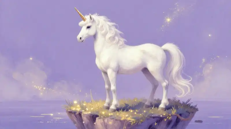 Noble unicorn on a magical purple island in a storybook style