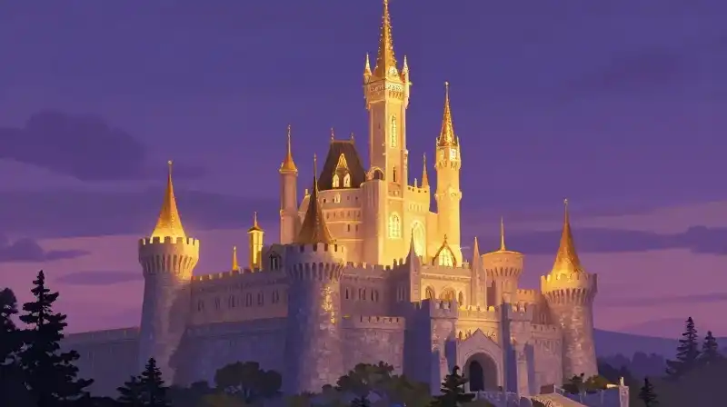Majestic castle glistening in comforting golden light