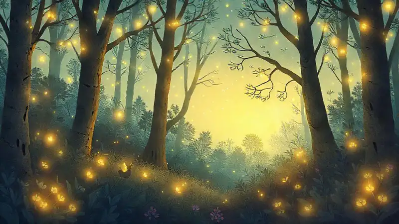 Glowing fireflies create a magical bedtime scene