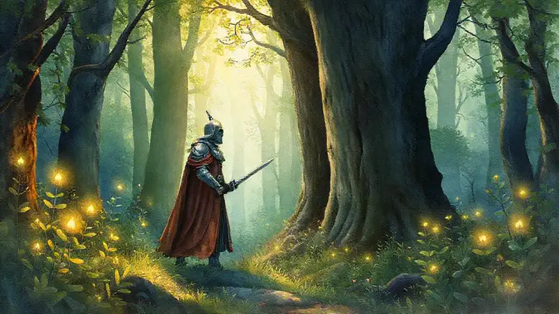 A knight finds glowing herbs in forest