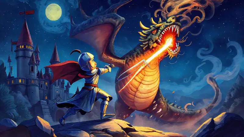 A knight fights a dragon vividly