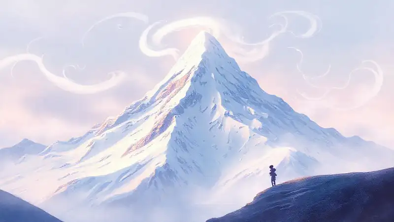 A child dreams on a snowy peak